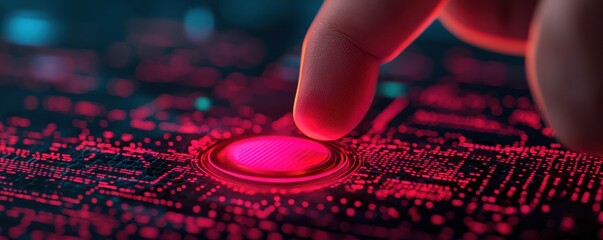 Poster - Touching the digital future finger on red sensor technology interface cyber environment close-up perspective