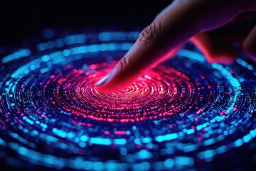Poster - Interactive touch on dynamic digital swirl abstract visualization technology futuristic close-up perspective