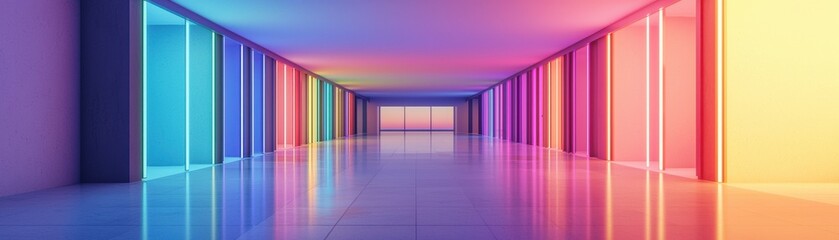 Poster - Vibrant light display illuminating modern hallway urban interior digital art abstract environment wide angle view
