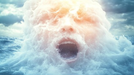 Wall Mural - Surreal digital art of a human face emerging from ocean waves with sunlight creating an ethereal atmosphere Artistic expression of nature's power