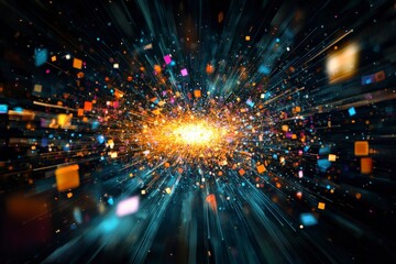 Poster - Vibrant Explosion of Colorful Particles in a Dark Space Background