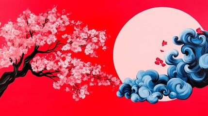 Wall Mural - A vibrant illustration featuring a blooming cherry tree and stylized waves against a bold red backdrop evoking a sense of serenity and peace