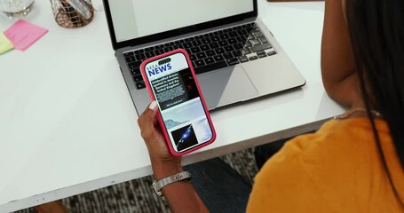 Poster - Office, woman or journalist with phone or screen for business, top view or media press research. Breaking news, laptop or writer reading on mobile app for publication website, online article or story