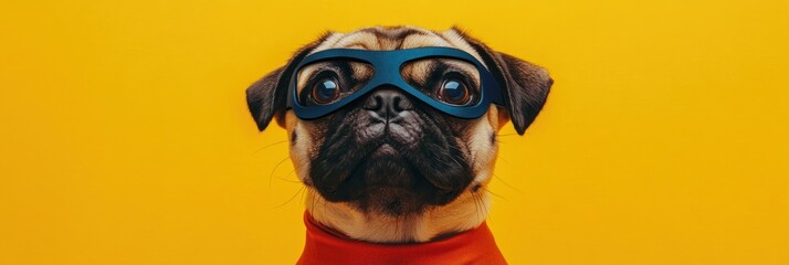 Canvas Print - Cute pug puppy wearing superhero mask and red collar against yellow background.