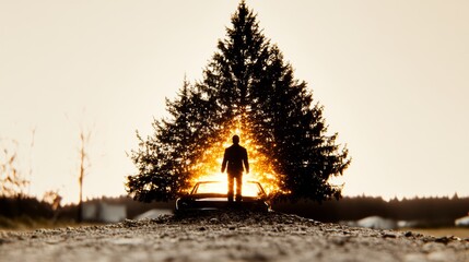 Wall Mural - Silhouetted figure stands before a car and tree bathed in golden sunlight A serene artistic composition creates a focal point of tranquility