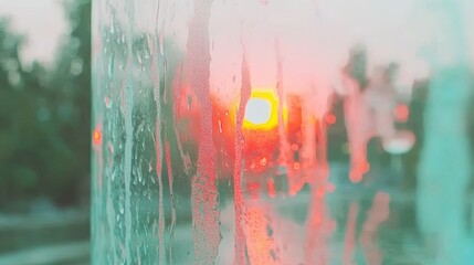 Poster - Abstract water condensation on a glass surface blurring an outdoor scene with a bright sunset Reflective light and colorful patterns