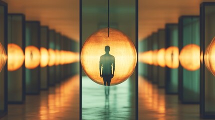 Sticker - A silhouette of a person standing inside a large glowing orb reflected in a corridor with similar orbs creating an ethereal atmosphere