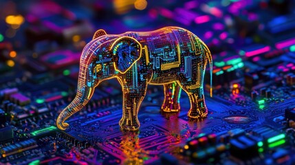 Wall Mural - Neon elephant circuit board digital art.