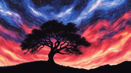 Sticker - Silhouette of a tree against a vibrant swirling sky painted with hues of red blue and pink dotted with stars in the background