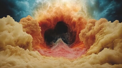 Poster - Surreal cloudscape forming a vortex with fiery orange and beige tones contrasting against a dark mysterious center and a blue sky backdrop