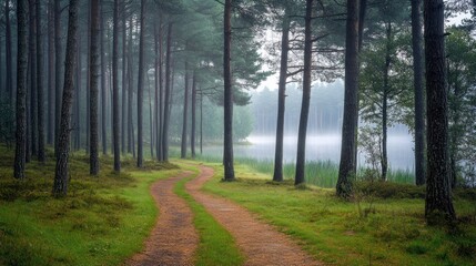 Sticker - Misty morning path winds through pine forest to tranquil lake.