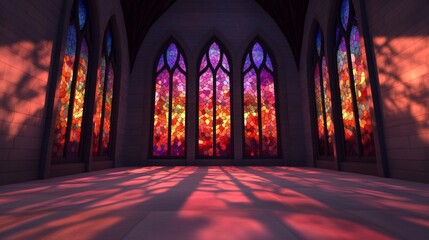 Canvas Print - Interior of a church-like building with large stained-glass windows casting colorful light and shadows onto the floor Empty sanctuary