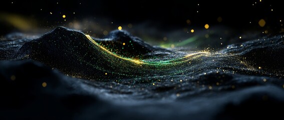 Fototapete - Glowing particles and abstract waves create a futuristic landscape with vibrant neon elements in dark surroundings