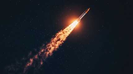 Wall Mural - rocket launching into space, fiery trail against dark starry background.
