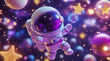 Wall Mural - cute astronaut in space holding a sparkling star, surrounded by colorful planets and stars.