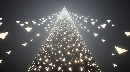 Poster - Ethereal Light Cones with Floating Geometric Shapes in Space