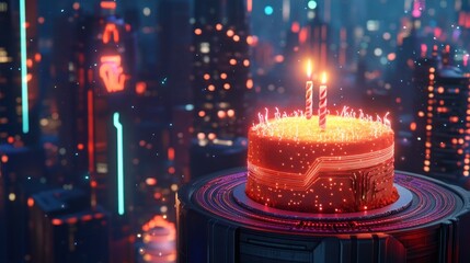 Wall Mural - Futuristic birthday cake with candles atop a high-tech platform overlooking a vibrant cyberpunk cityscape at night.