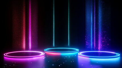 Poster - Futuristic digital portals with neon glow and hologram effect. Magic circle and square podiums, fantasy teleport platforms with color light beams and sparkles, vector realistic set