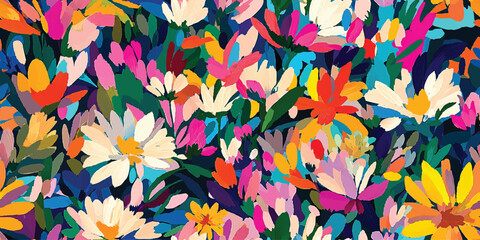 floral abstract seamless vector pattern, spring garden, blooming meadow, bright colorful flowers, go