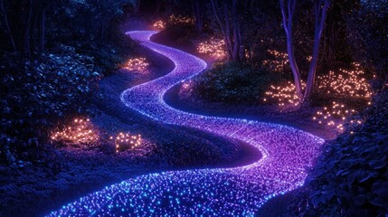 Wall Mural - illuminated pathway winding through a dark forest at night, glowing purple and blue lights.
