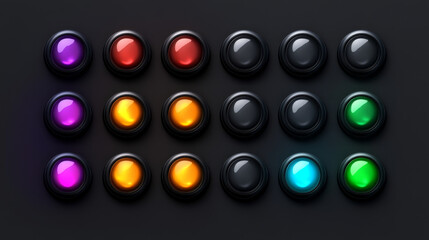 Poster - black button set with different glowing color light on dark grey background for user interface and application design element. vector illustration 
