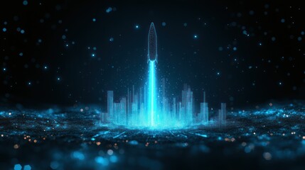 Canvas Print - Futuristic rocket launching from glowing city.