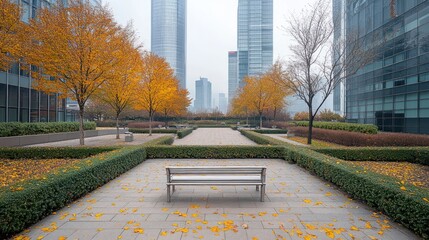 Poster - A tranquil park bench sits amidst autumn leaves in a modern city setting.