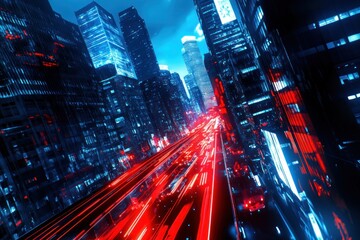 Wall Mural - Futuristic city highway at night with red and blue neon lights, speeding cars.