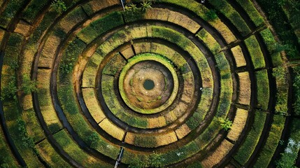 Poster - Abstract spiral patterns, intricate green and gold circular designs radiating from the center, suitable for artistic backgrounds.