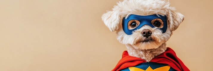 Canvas Print - Cute fluffy white dog dressed in a superhero costume.