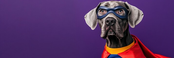 Canvas Print - Superhero dog in a cape and mask against purple background.