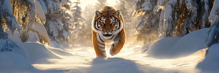 Poster - Majestic Siberian tiger walking through a snow-covered winter forest.