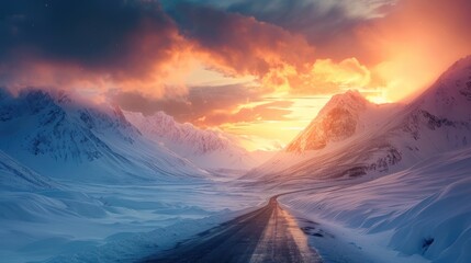 A road with a sunset in the background. The sky is orange and pink