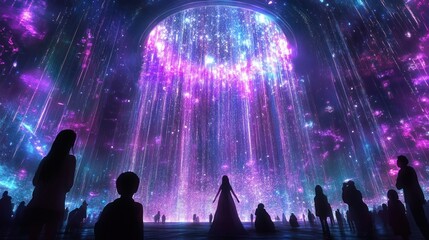 Wall Mural - silhouetted figures gather in awe beneath a vibrant, cosmic light display within a large, arched str