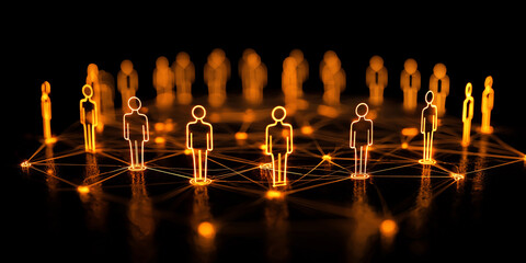 Poster - Neon silhouettes representing digital community and interconnectedness in a futuristic network of glowing lines and dots on a dark background.