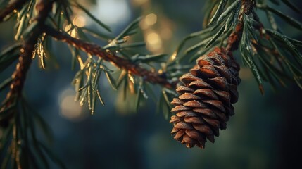 Poster - A single pinecone hangs from a tree branch in a natural setting