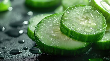 Poster - Freshly cut cucumber slices arranged neatly on a table