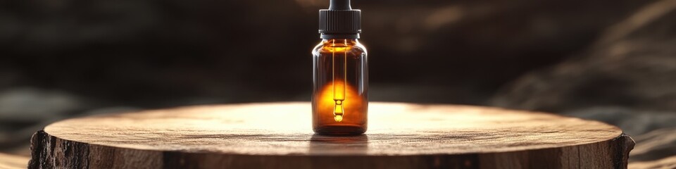 Poster - A natural scene with a bottle of essential oil placed on top of a tree stump in nature