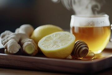 Poster - A cup of tea served with lemons on a decorative tray
