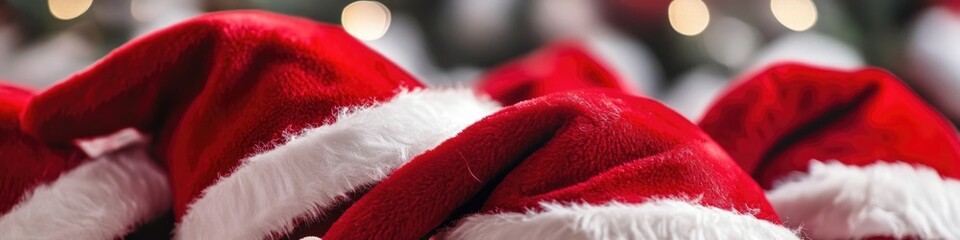 Poster - A collection of festive Santa hats sitting on a table, ready for use in holiday decorations or events