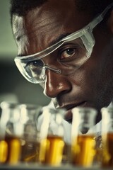 Poster - A scientist in a lab coat and goggles reviews various laboratory containers