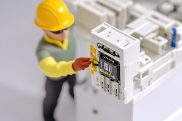 Poster - A person in a hard hat and yellow helmet is performing maintenance on an electrical device