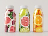 Fruit juice bottles, studio shot, white background, healthy drink
