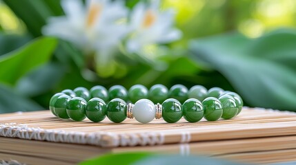 Elegant green jade bracelet display tranquil garden setting jewelry photography natural light close-up view serenity and craftsmanship