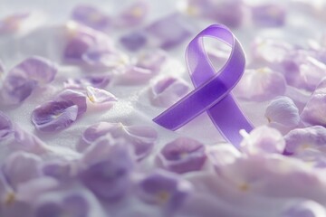 Poster - A purple ribbon laid out on a bed of colorful flowers, perfect for decoration or gift wrapping