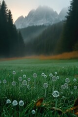 Aufkleber - A serene scene of a green meadow with a distant mountain range