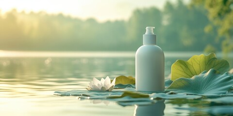 Poster - A bottle of lotion sits on the surface of calm water, possibly used for beach or spa purposes