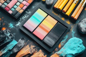 Poster - A selection of colorful paints and brushes for artistic use