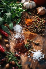 Poster - A variety of spices and herbs displayed on a wooden table, ideal for food styling or photography