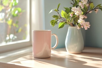 Poster - A coffee cup sits beside a vase of flowers on a table
